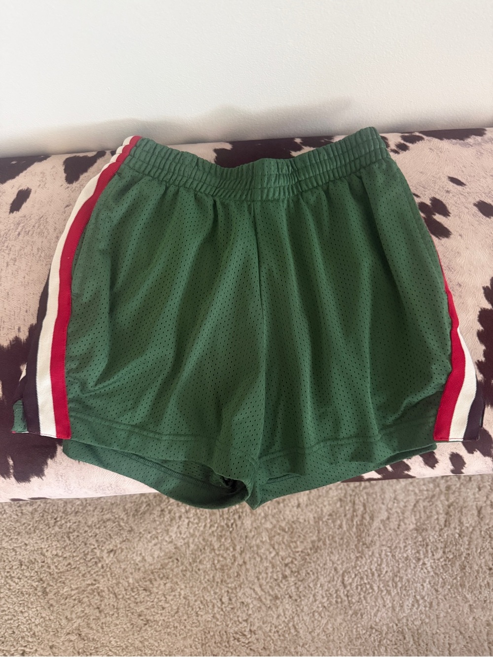Urban Outfitters Green Athletic Mesh Shorts with Red & White Side Stripes